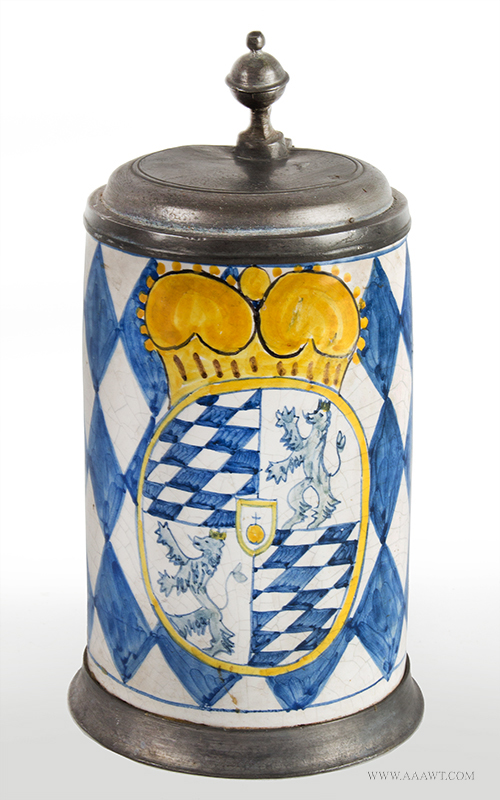 German Faience Pewter Mounted Tankard, Crest Krug, Heraldic Device Bayreuther Walzenkrug - Wappenkrug
Bayreuth, Bavaria, Germany, Circa 1750, entire view