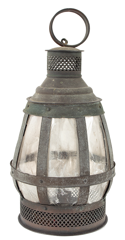 Antique Candle Lantern, Copper, Mica
Unknown maker, Circa 1860
Bulbous form, pierced drafting, carrying Handle, single candle nozzle, entire view