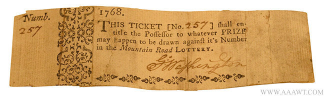 WASHINGTON, GEORGE. Partly-printed Document Signed, 'G: Washington,' a lottery ticket, number 257, for the Mountain Road Lottery. with Receipt 