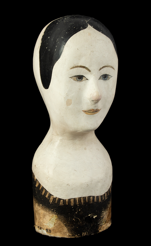 Antique Paper Mache Milliner Head, Deposed by Danjard 
The head is marked 'Danjard' and 'Brevete', Circa 1860
Printed facial features, entire view 1