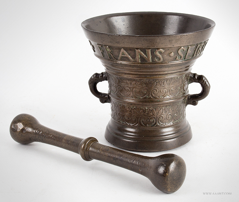 Mortar and Pestle, Marriage Mortar, Bronze, Fine, Great Color, Around 1620  