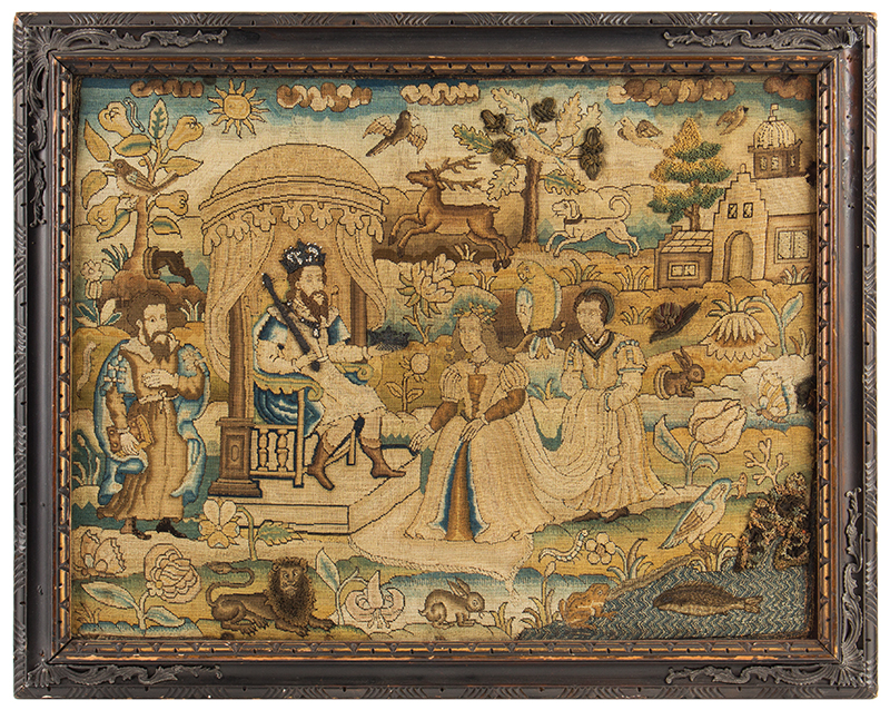 17th Century Tent Stich Embroidery,
QUEEN of SHEBA visiting KING SOLOMON
English, Circa 1660, entire view