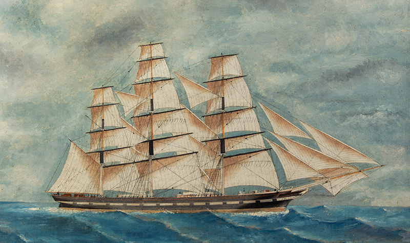 Antique Ship Portrait, Fully Rigged Carnation Castle
Purportedly Painted by Ship’s Carpenter, circa 1870s
By Decent in the Original Owner’s Family [Dwight Whiting]
Mr. Whiting booked passage from Cape Town, South Africa to New York
Oil on canvas, original stretcher, and frame, entire view sans frame