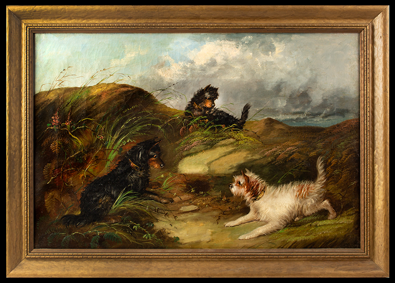 Nineteenth Century Painting, Three Terriers in Landscape
T. Langlois, British, 19th Century (1855-1904)
These focused wide-eyed terriers stand guard at the rabbit hole…
Oil on canvas, signed lower left, original stretcher, entire view