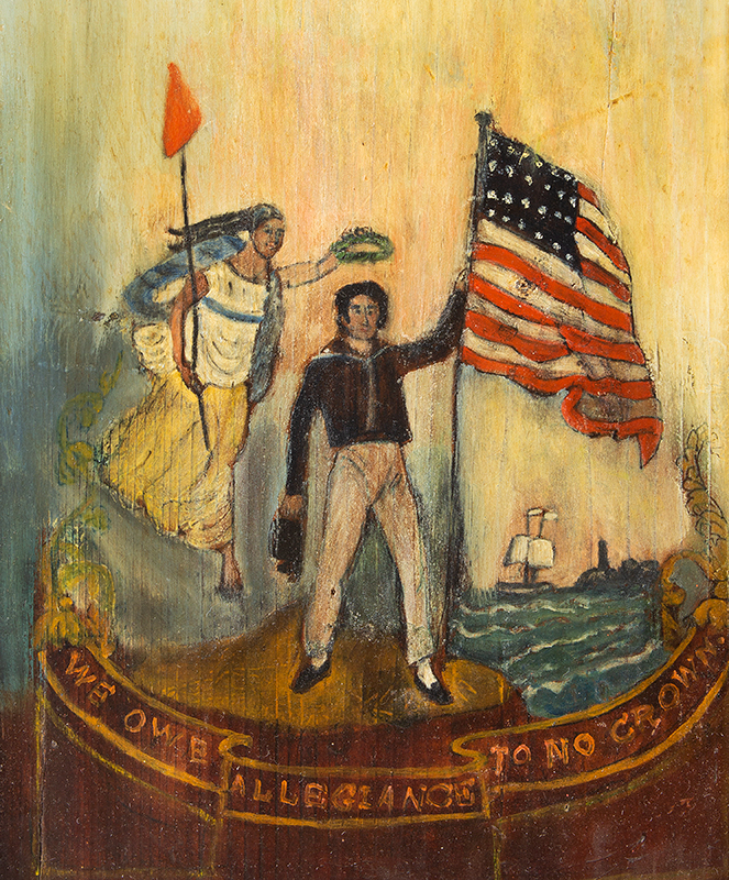 19th Century Allegorical Painting, WE OWE ALLEGIANCE TO NO CROWN
Ms. Liberty & War of 1812 Sailor, Popular Symbol of American Pride
Anonymous, after John Archibald Woodside, We Owe Allegiance to No Crown, entire view sans frame