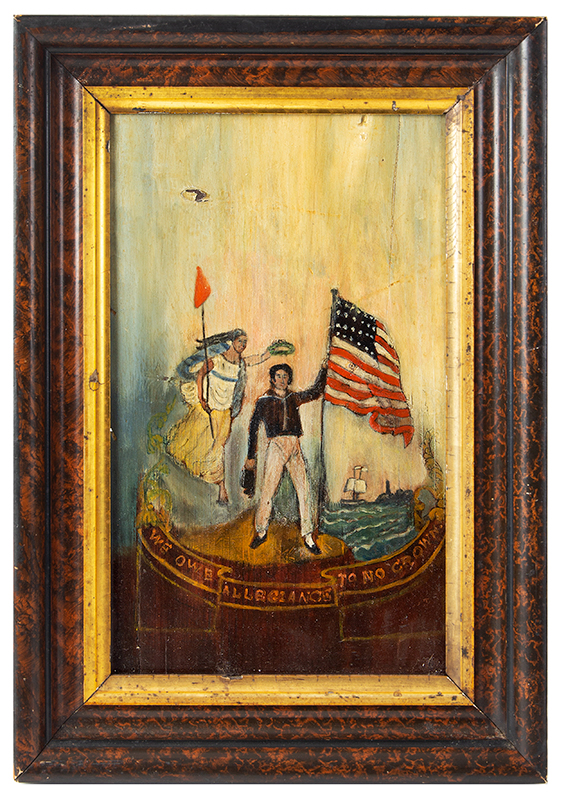 19th Century Allegorical Painting, WE OWE ALLEGIANCE TO NO CROWN
Ms. Liberty & War of 1812 Sailor, Popular Symbol of American Pride
Anonymous, after John Archibald Woodside, We Owe Allegiance to No Crown, entire view