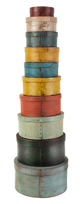 Stack, Eleven Round Graduated Pantry Boxes, Original Paint
New England, 19th Century, stack view