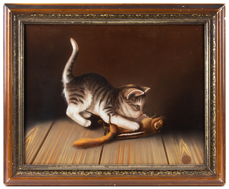 Antique Pastel, Kitten’s Quarry, Playing with Dispatched Chipmunk
Verso signed Miss. Frothingham, circa 1865 
American School pastel on paper, depicting a gray tabby kitten pouncing on a chipmunk on a wooden floor, entire view