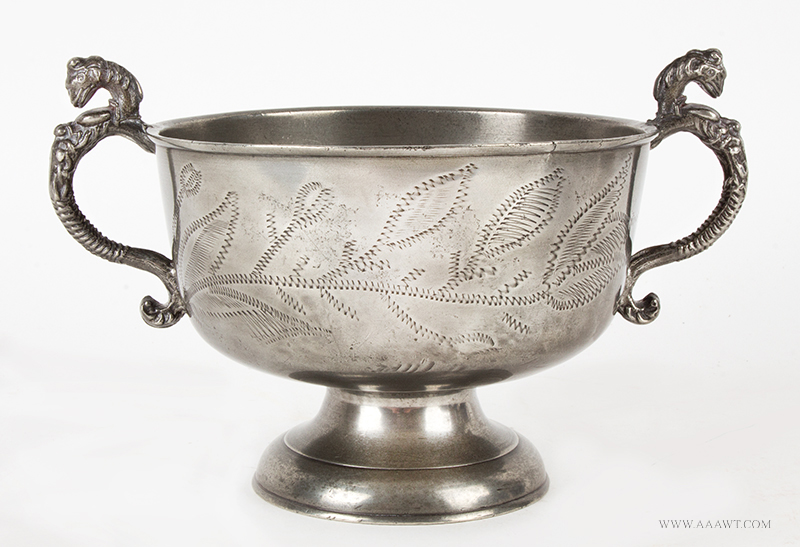  Antique Pewter, Dutch Footed Bowl with Twin Handles and Wriggle Work, Circa 1700 