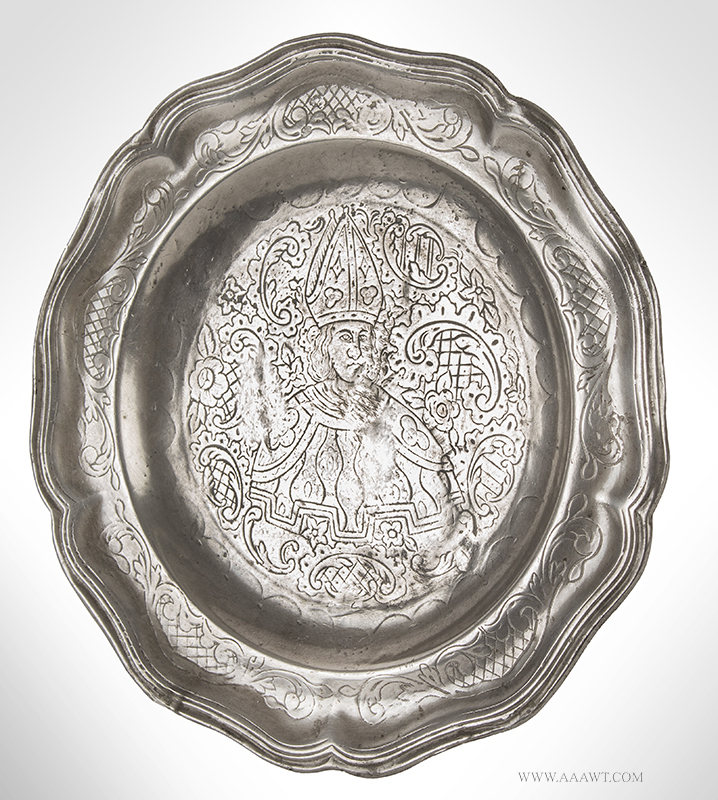Antique Dutch Engraved Five Lobe Pewter Plate, Scalloped, Portrait of Cardinal 18th C. 