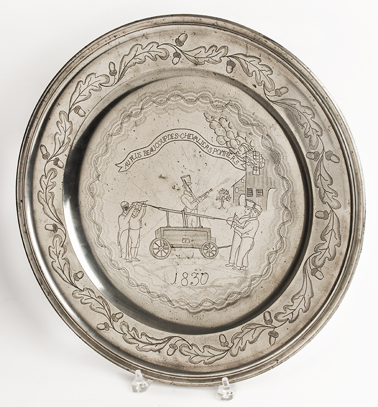 Antique Pewter Charger, Volunteer Firemen, Handtub, Burning Building
TO THE BEST OF THE CHEVALIER FIREMEN, 1830
AU PLUS BEAUCOUPDES CHEVALIERS POMPIERS, entire view