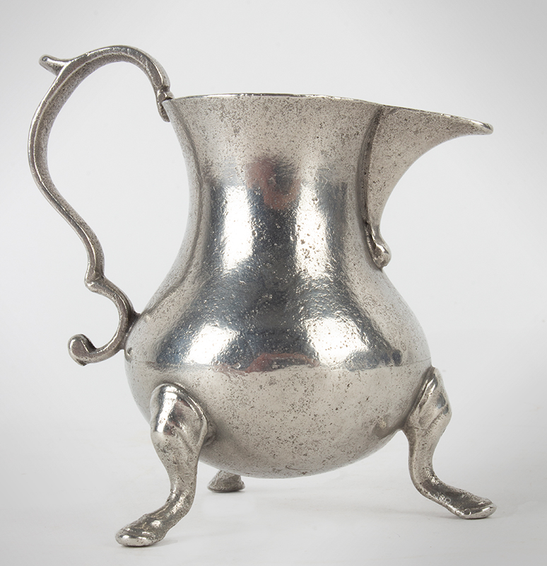 Pewter Cream Pot by Henry Joseph,
3.25 Inches,
(active 1736-1784) London, 
Marked with “HI” touch,
circa 1740 to 1770, entire view