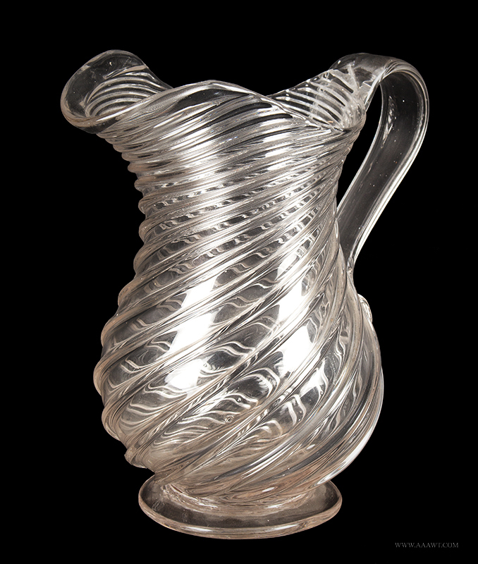 Antique Pitcher, Pillar Molded, Colorless Lead Glass, Large Pear Shape Body United States (Pittsburgh) or Possibly England, Circa 1840s, entire view
