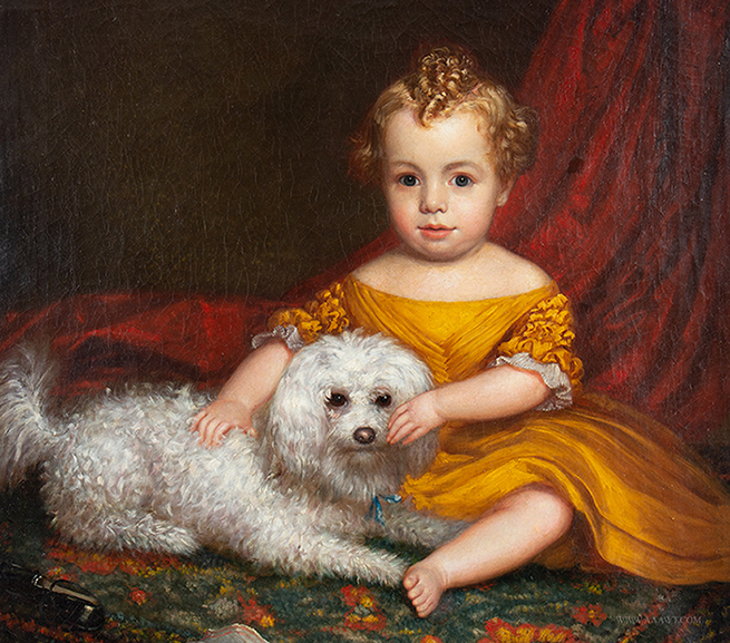 Portrait of Infant with Dog Seated on Carpet Anonymous, American School , 