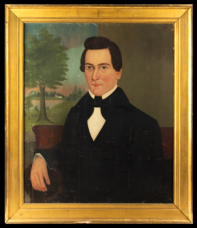 Folk Art Portraits, George Gassner, Attractive Couple, View of Landscape and Dwellings Likely by George Gassner (1811 – 1861) During the 1850’ s Gassner Painted in Lowell, Springfield, Chicopee, and Boston, man entire view