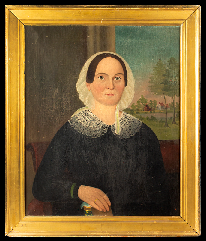 Folk Art Portraits, George Gassner, Attractive Couple, View of Landscape and Dwellings Likely by George Gassner (1811 – 1861) During the 1850’ s Gassner Painted in Lowell, Springfield, Chicopee, and Boston, woman entire view