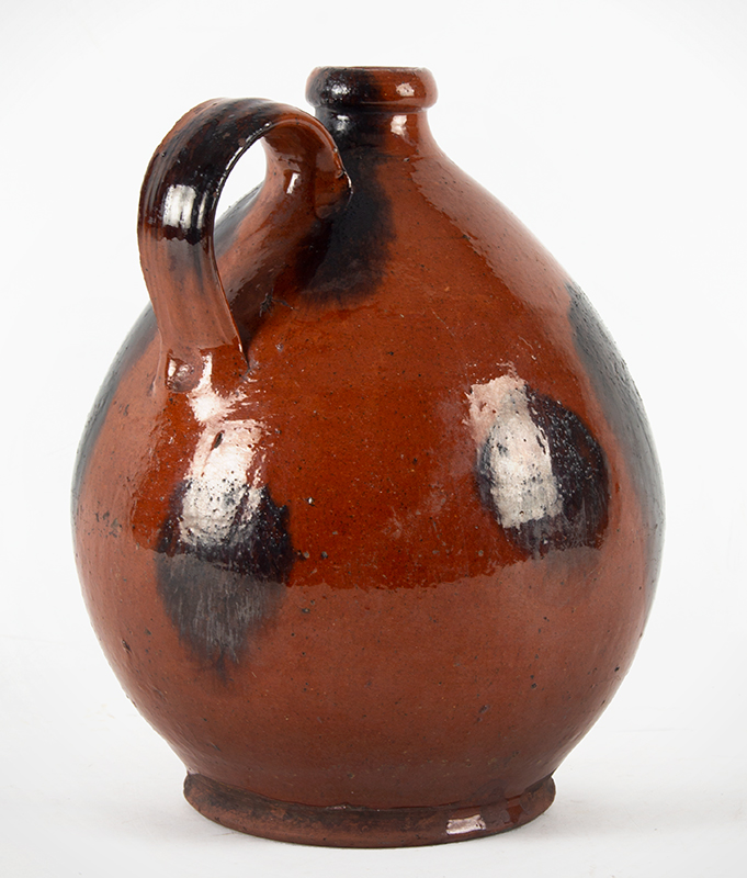 Antique Redware Jug, Ribbed Strap Handle, Bold manganese Daubs
Norwalk, Connecticut or Huntington, Long Island, New York
Circa 1835-1845 (Height: 11”), entire view 3