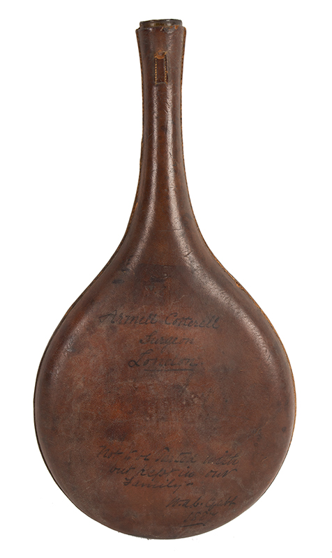 Leather Cased Saddle Flask,
Inscribed: Armell Cotterell – Surgeon - London Tag for popular antiques exporters – C.R. Fenton & Co. Ltd., London, England, entire view