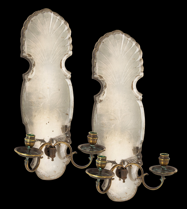 Antique, Two Light Cut Glass Candle Sconces, Brass Arms, Nozzles & Drip Pans
England, Early to Mid-18th Century, angle view