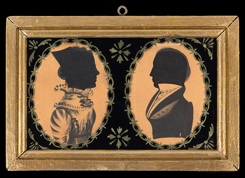 Pair of Very Good Hollow Cut, Pen & Ink & Watercolor Silhouettes, Lady and Gentleman New England, 1820s, entire view