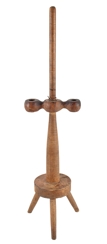 Antique Curly Maple Candle Stand, Adjustable Height Double Socket Arm
New England, circa 1800, entire view 1