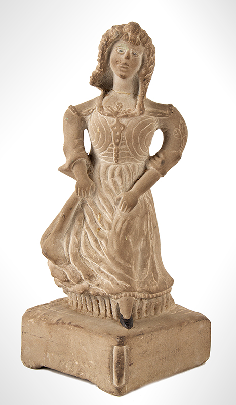 Antique Bluestone Carving, Young Woman in Long Dress, Eyes and Shoes Painted
Unknown Artist, likely Mid-19th Century, entire view 1