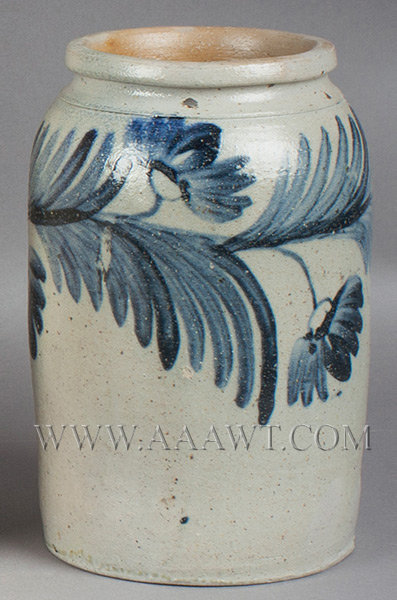 Stoneware Cylindrical Jar, Rounded Shoulder, Strong Brushed Cobalt Floral Decoration
America, unknown maker
19th Century, entire view