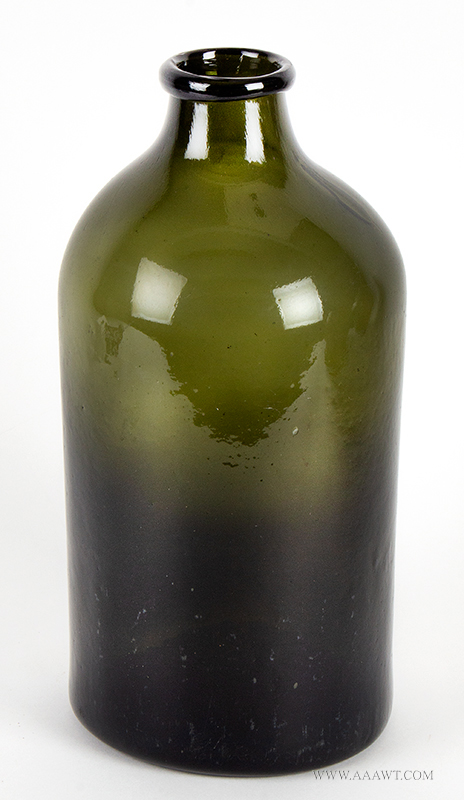 Antique Blown Glass Storage Jar, 
Applied Collar, Rough Pontil, Medium Olive Green, entire view