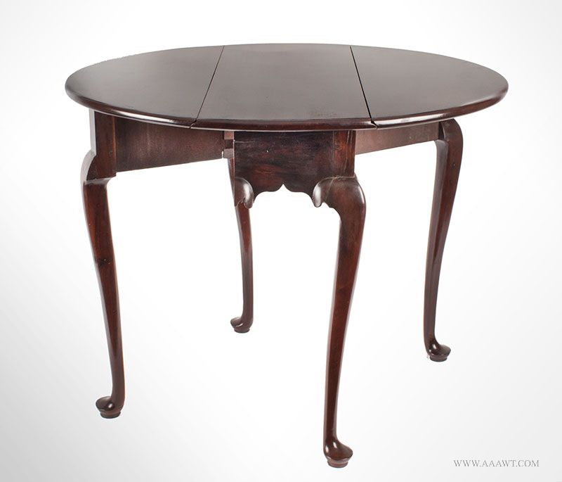 Queen Anne Mahogany Diminutive Drop-Leaf Table, Great Wood, 28-Inches Wide 
Boston, 1740-1760 
Extremely rare size, elegant and graceful, beautiful wood grain, entire view 2