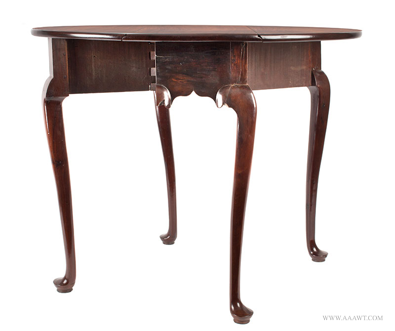 Queen Anne Mahogany Diminutive Drop-Leaf Table, Great Wood, 28-Inches Wide 
Boston, 1740-1760 
Extremely rare size, elegant and graceful, beautiful wood grain, entire view 4