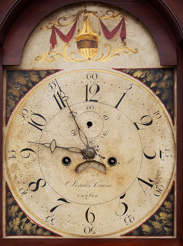 Antique Federal Cherry Tall Case Clock by Simeon Crane., Original Condition
Canton, Massachusetts, circa 1810, dial view