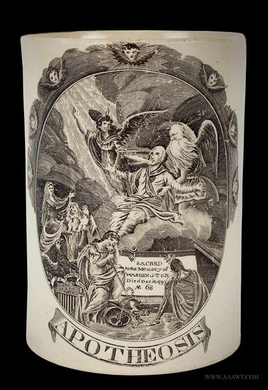 Creamware, Transfer Printed Tankard,
Apotheosis, Sacred to the Memory of Washington
England, Liverpool, Circa 1800, entire view