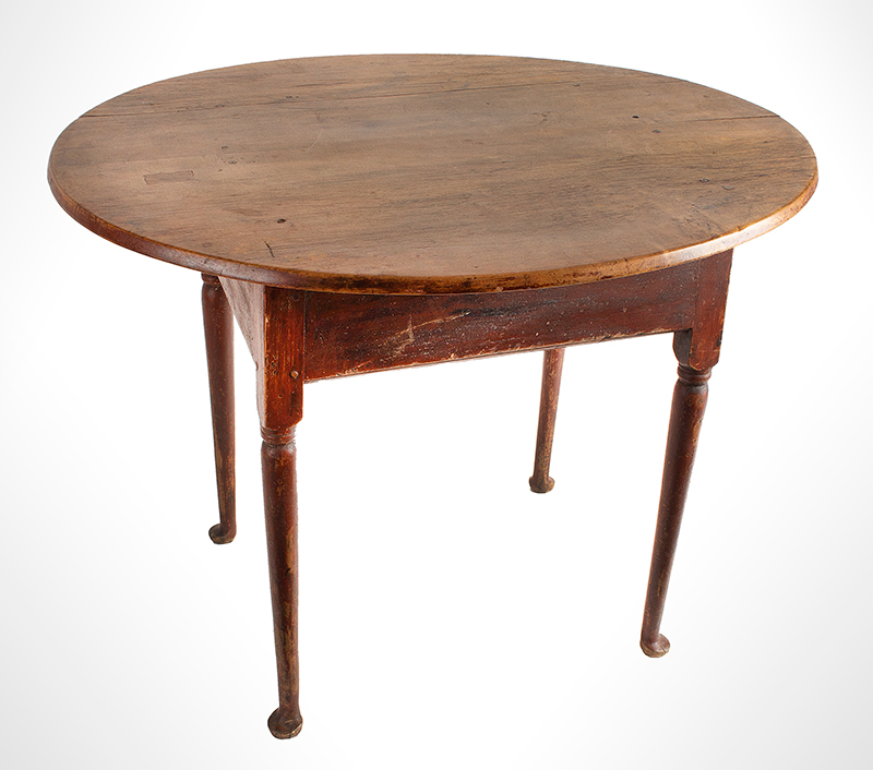 Antique Tea Table, Queen Anne, Oval Top
New England, Circa 1735-1765
Maple, base in old red paint, possibly original; top in scrubbed surface, entire view 1