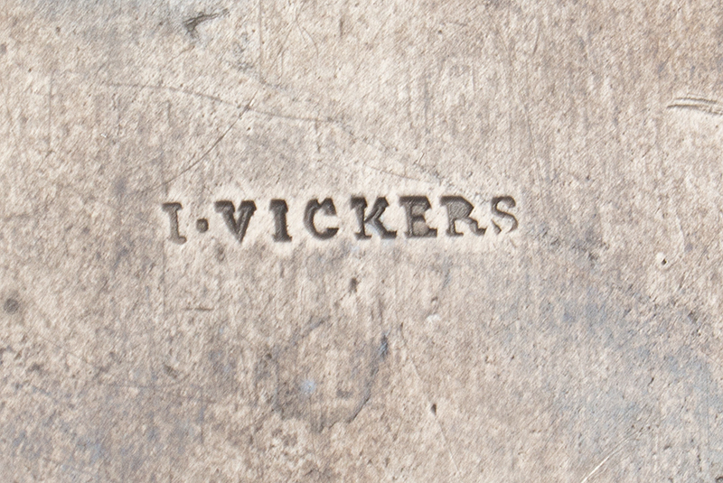 Antique Pewter teapot Stand, James Vickers, Circa 1787-1800
England, Maker's mark stamped into the underside, (1'' x 7'' x 5.125''), mark detail