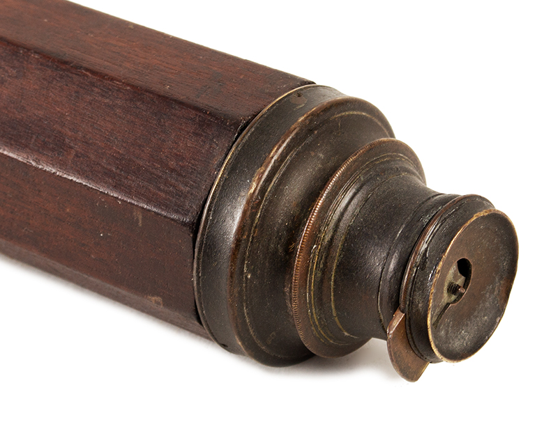 Single Draw Two Inch 18th Century Telescope, Spyglass, Overall Length: 59” 
Probably London
Brass and mahogany, length: 47.25”, 59” extended, detail view 1