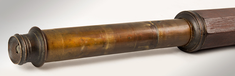 Single Draw Two Inch 18th Century Telescope, Spyglass, Overall Length: 59” 
Probably London
Brass and mahogany, length: 47.25”, 59” extended, detail view 4