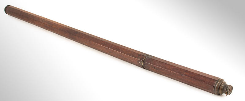 Single Draw Two Inch 18th Century Telescope, Spyglass, Overall Length: 59” 
Probably London
Brass and mahogany, length: 47.25”, 59” extended, entire view 1