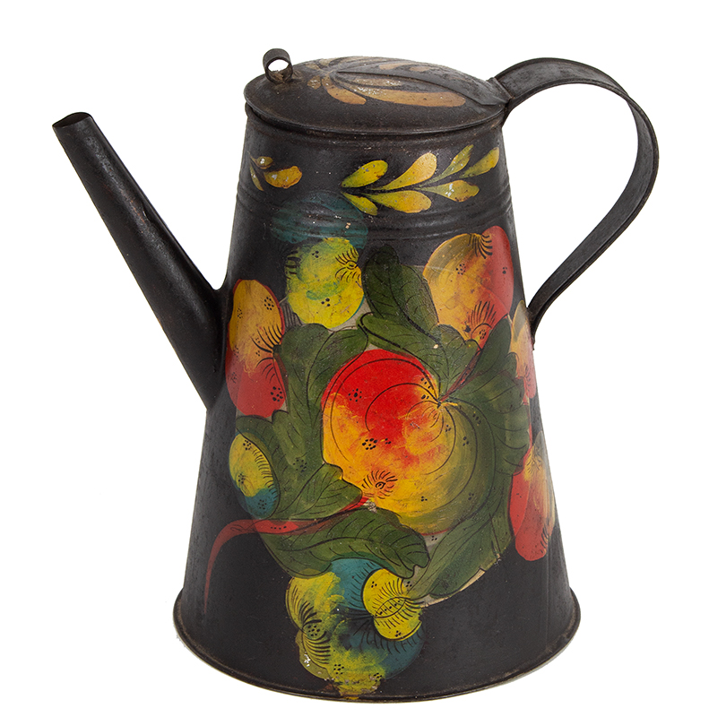 Outstanding Painted Tinware Coffeepot, Tole, Polychrome Floral Decoration, Straight Spout 