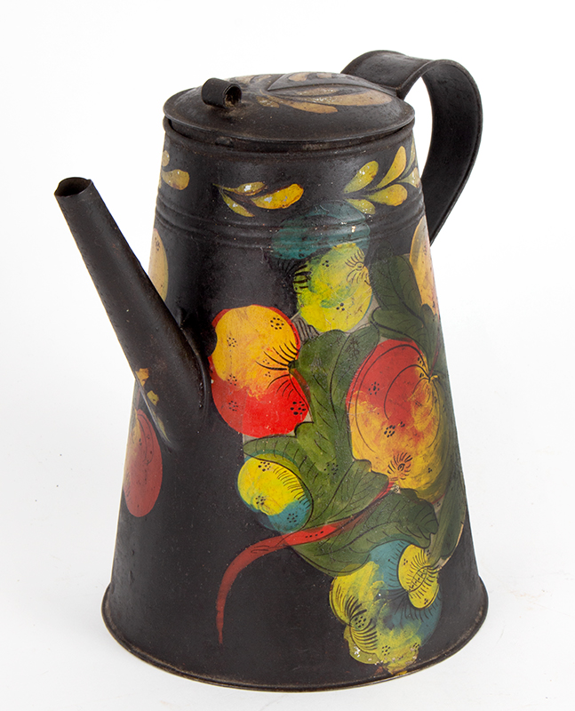 Outstanding Painted Tinware Coffeepot, Tole, Polychrome Floral Decoration, Straight Spout 
