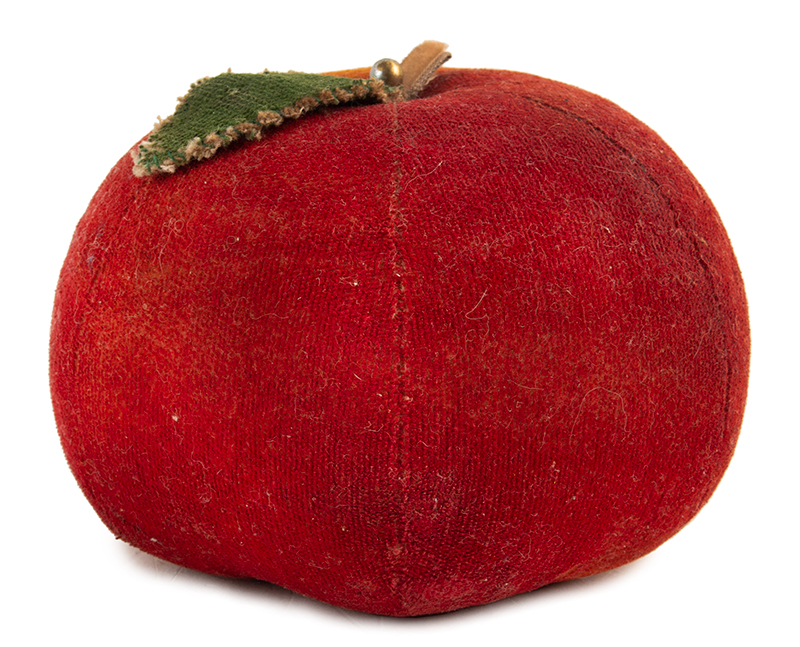 Antique Painted Velvet Fruit, Plump Apple Pincushion, Red Painted Blush, Leaf, entire view 1