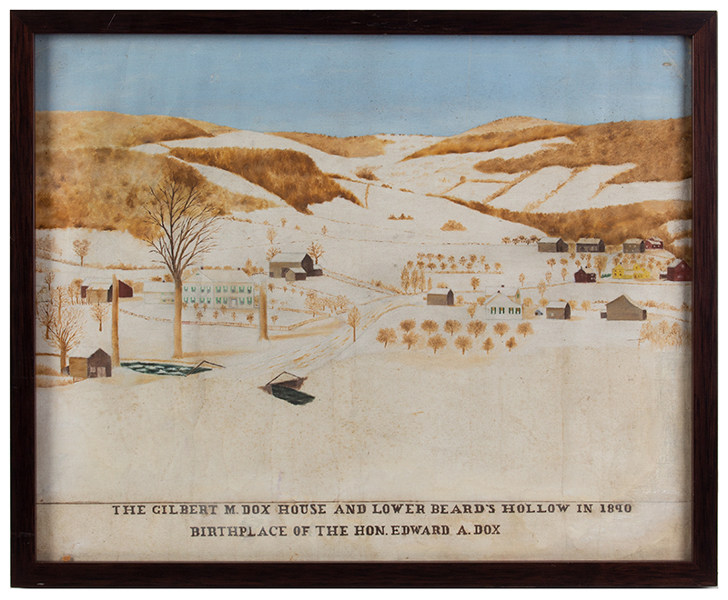 Paintings, The Gilbert M. Dox House & Lower Beard’s Hollow in 1890
Birthplace of The Hon. Edward A. Dox
Possibly Washington State
Rural landscape, village scene at the foothills of a mountain range.
On the Verso: Painting “BUY A U.S. WAR BOND TODAY”
Signed, Claude L. Mann, 43, entire view