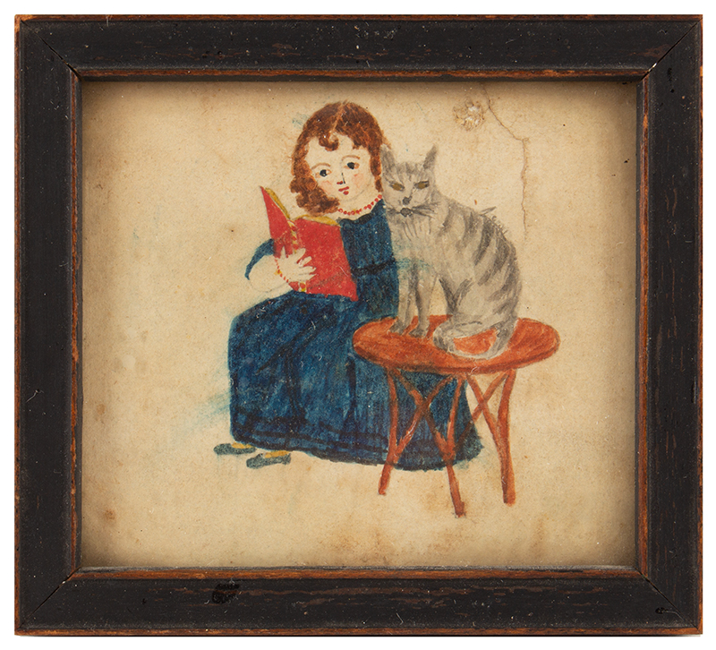 Antique Folk Art Watercolor, Girl with Cat, Miniature
American School, circa 1860, entire view