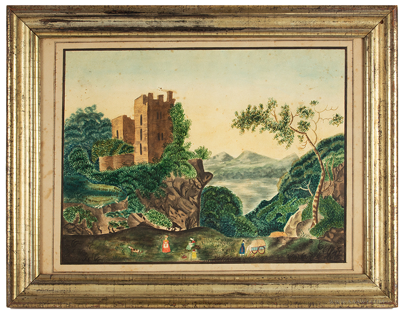 Folk Art Painting, Bucolic Scene, Family at Campfire, Castle in Landscape 