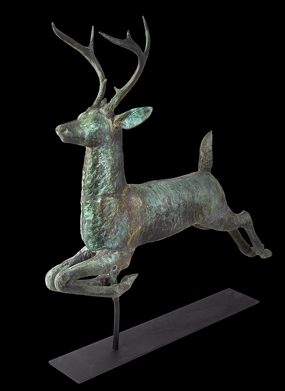 Antique, Weathervane, Leaping Stag, Cushing & White, Untouched Condition
Cushing & White, Waltham, Massachusetts, circa 1880
A beautiful and honest encyclopedic surface…sizing, verdigris & traces of gilt, entire view 1