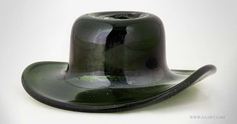 Blown Glass Whimsey, [or whimsy] Hat Form, Olive Green, 1.5-Inch
New York or New England,
circa 1840-1870, entire view