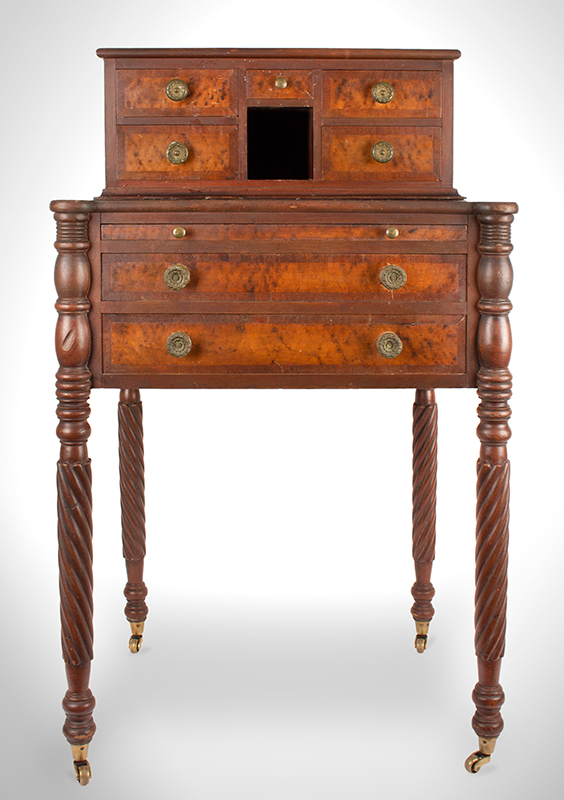 Rare Sheraton Worktable Featuring Pullout Writing Slide, Original Hardware
Northern New England, probably Vermont
Circa 1815-1820
Cherry case and legs, Birdseye maple veneers, mahogany banding, all basswood secondaries, entire view 1