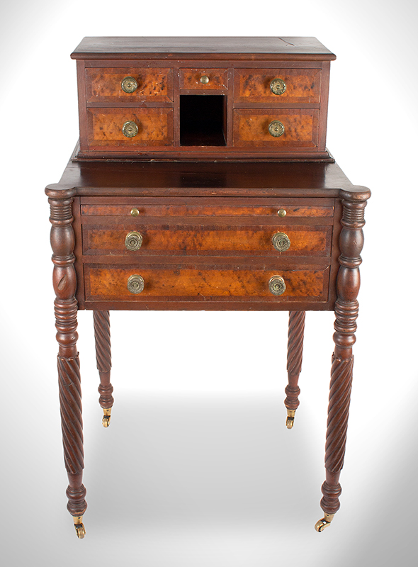 Rare Sheraton Worktable Featuring Pullout Writing Slide, Original Hardware
Northern New England, probably Vermont
Circa 1815-1820
Cherry case and legs, Birdseye maple veneers, mahogany banding, all basswood secondaries, entire view 3