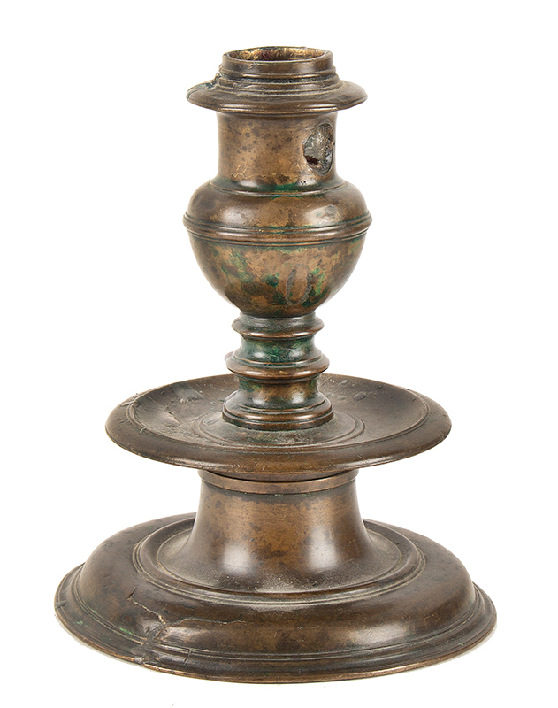 Antique Brass, Copper Alloy Candlestick, Probably France, 16th or 17th Century, entire view
