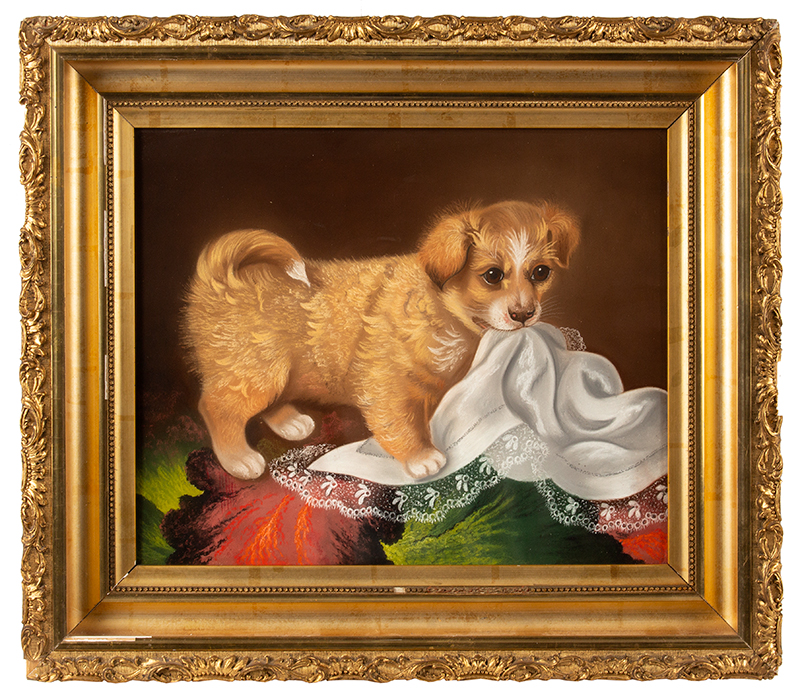 Antique Pastel, Mischievous Puppy with Lace Kerchief
Anonymous, Circa 1870
Fluffy bright-eyed puppy plays with textile of colorful carpet, entire view