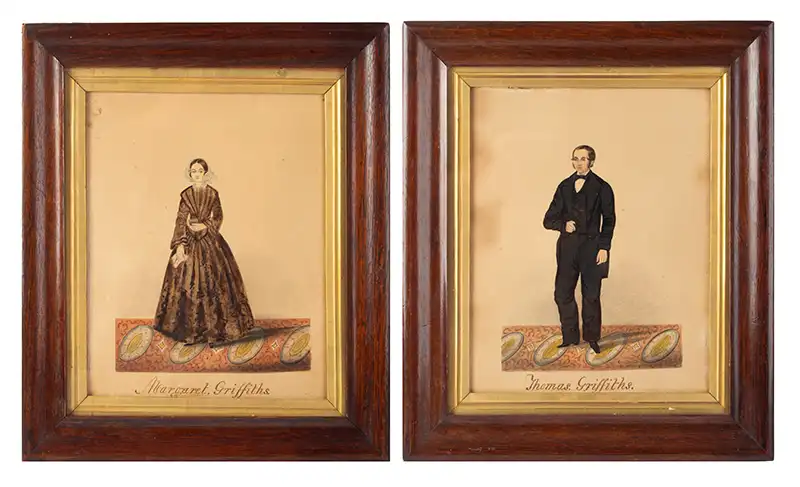 Nineteenth Century Full Length Watercolor Portraits, Man and Woman